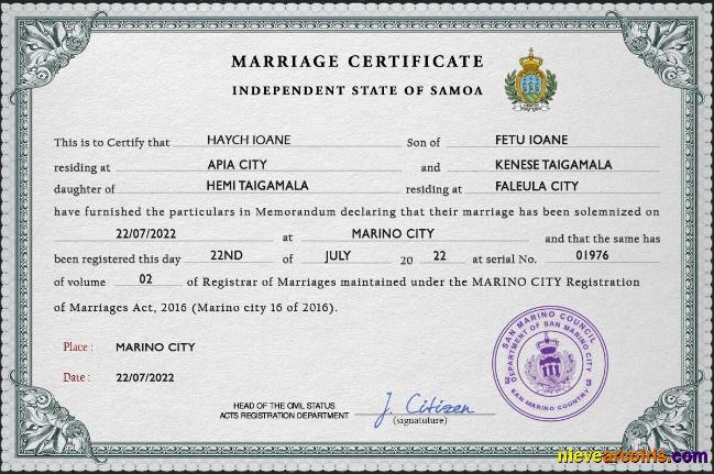 Samoa marriage certificate
